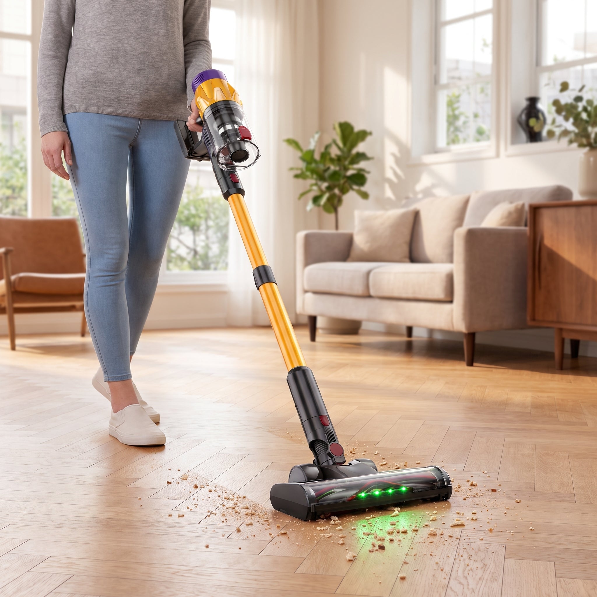 PowerDust V18 Akku-Staubsauger im Einsatz auf Parkett, die LED-Bodendüse leuchtet den Boden vor der Düse aus