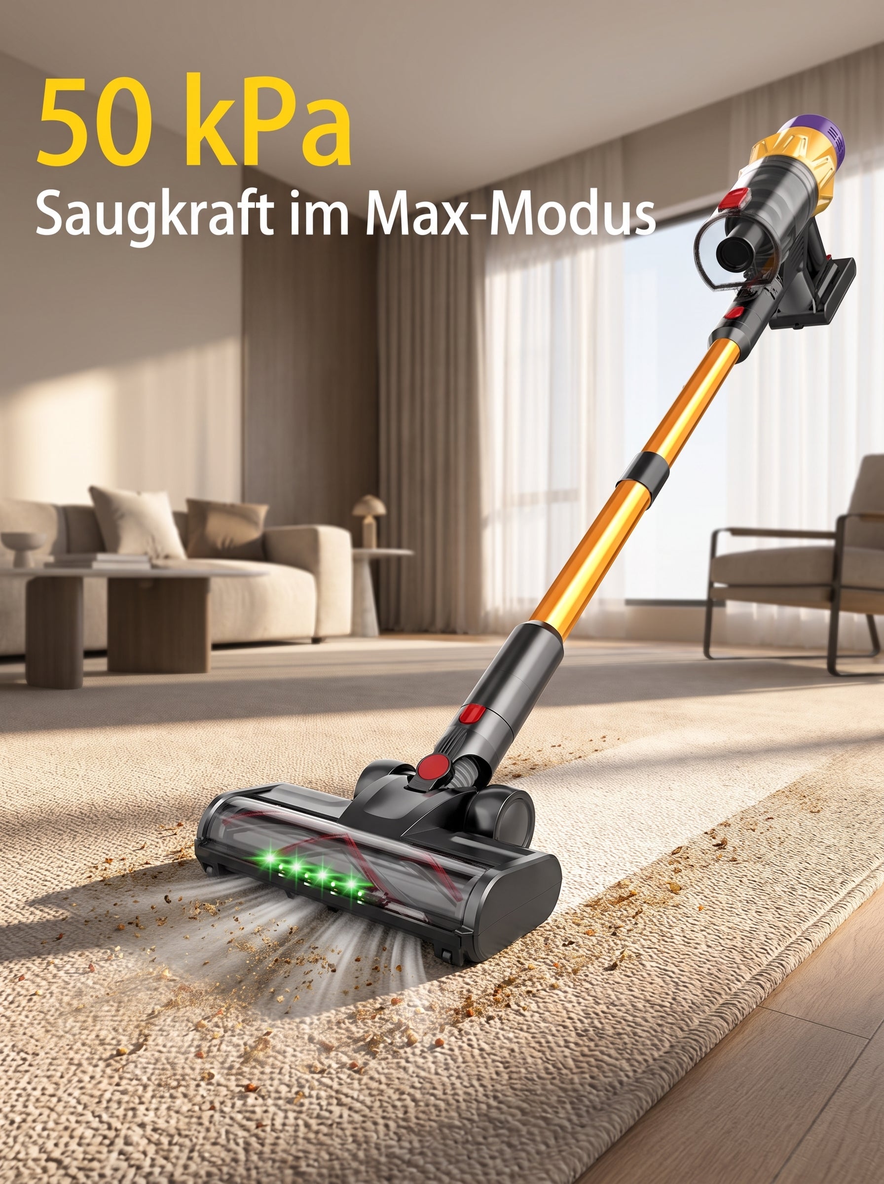 Infografik: drei Saugstufen des PowerDust V18 mit 15 kPa Eco, 25 kPa Mid und 50 kPa im Max-Modus