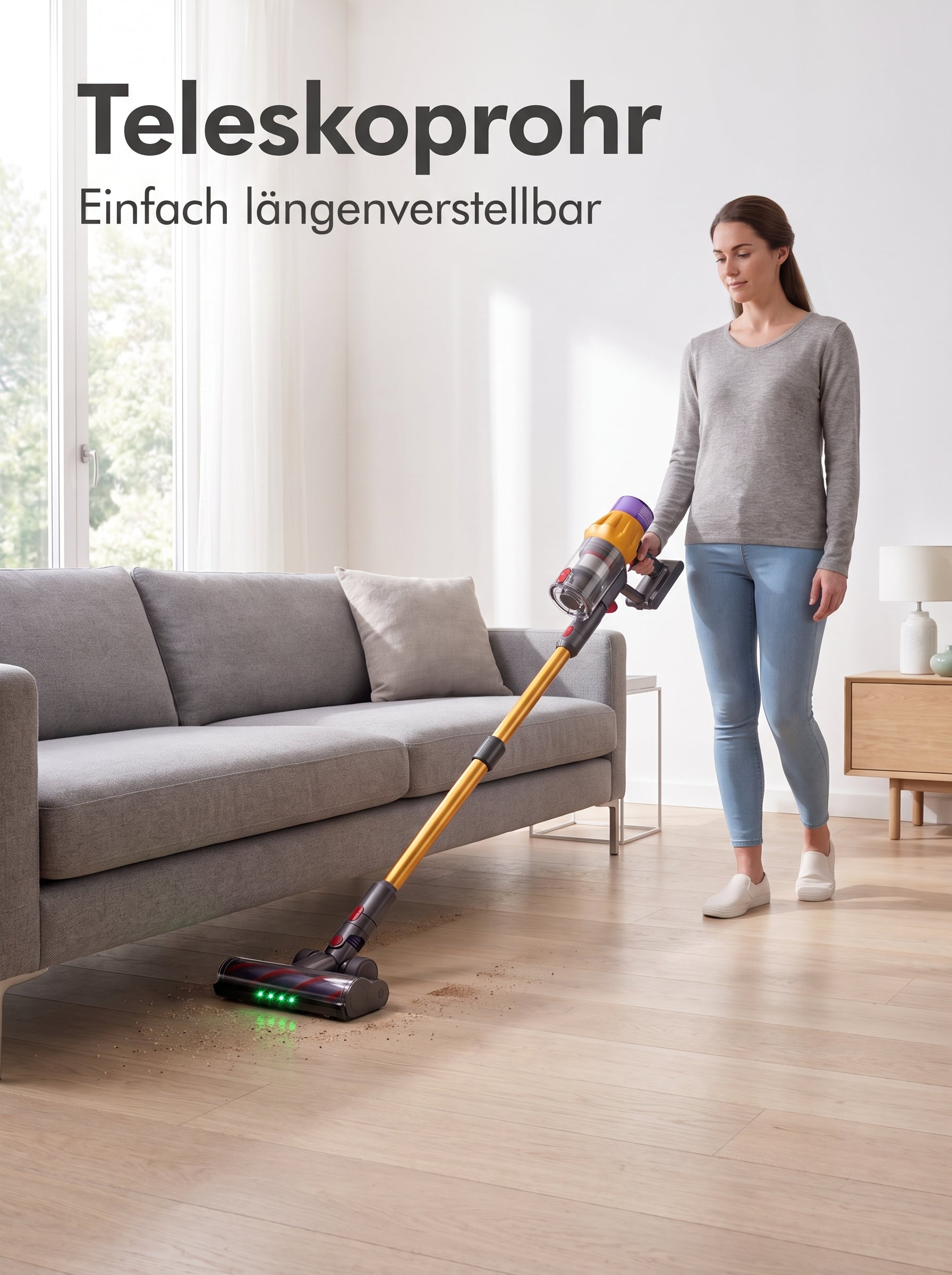 Infografik: längenverstellbares Teleskoprohr des PowerDust V18 mit einer Gesamtlänge von rund 110 cm