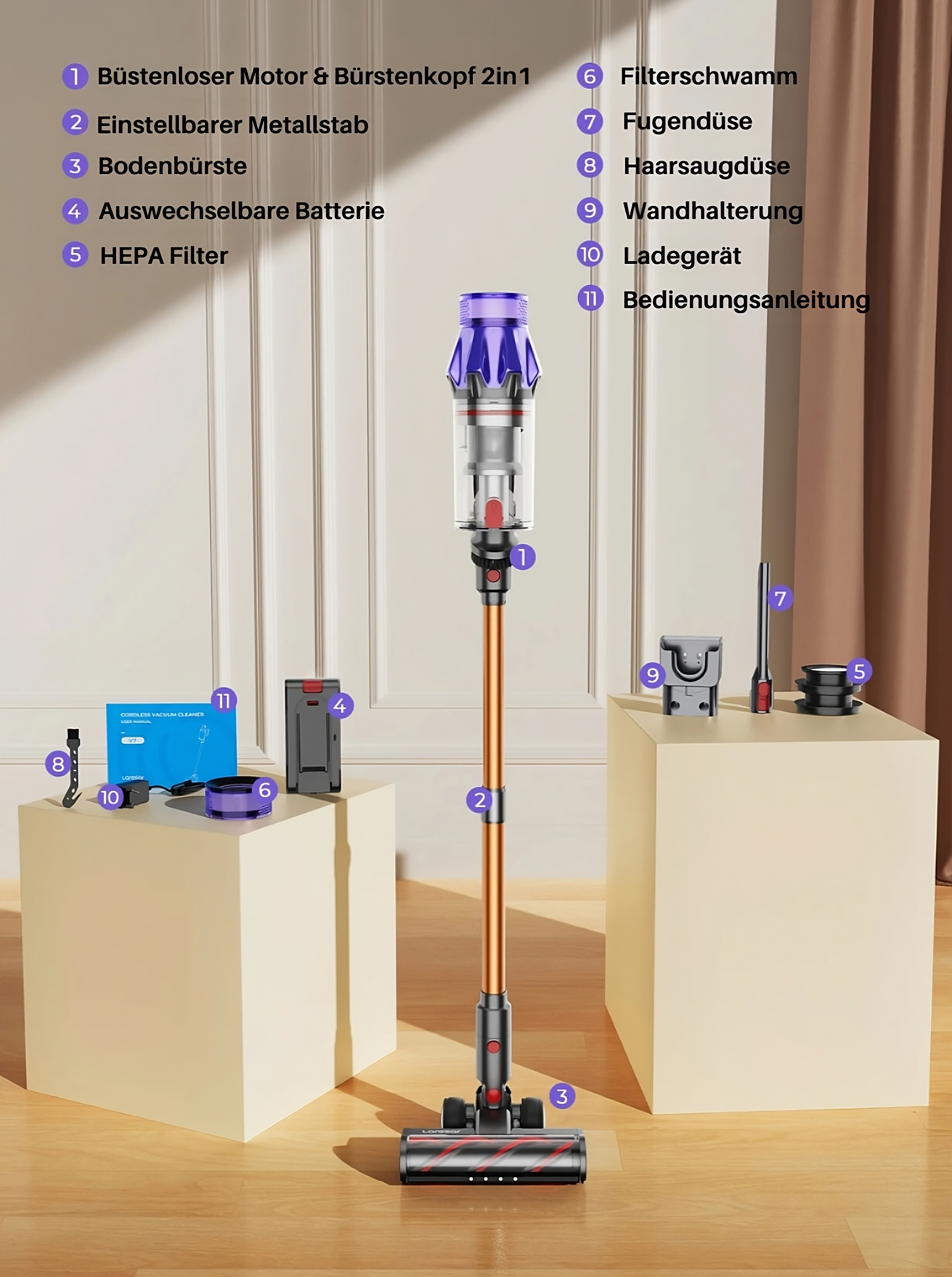 Akku Staubsauger mit Ladestation Beleuchtung und viel Zubehör PowerDust™ V7