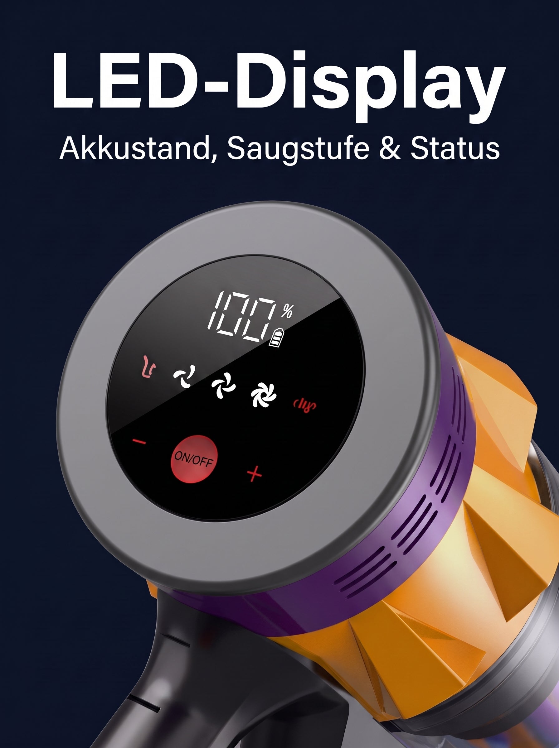 Infografik: LED-Display des PowerDust V18 mit Anzeige von Akkustand, Saugstufe und Statushinweisen