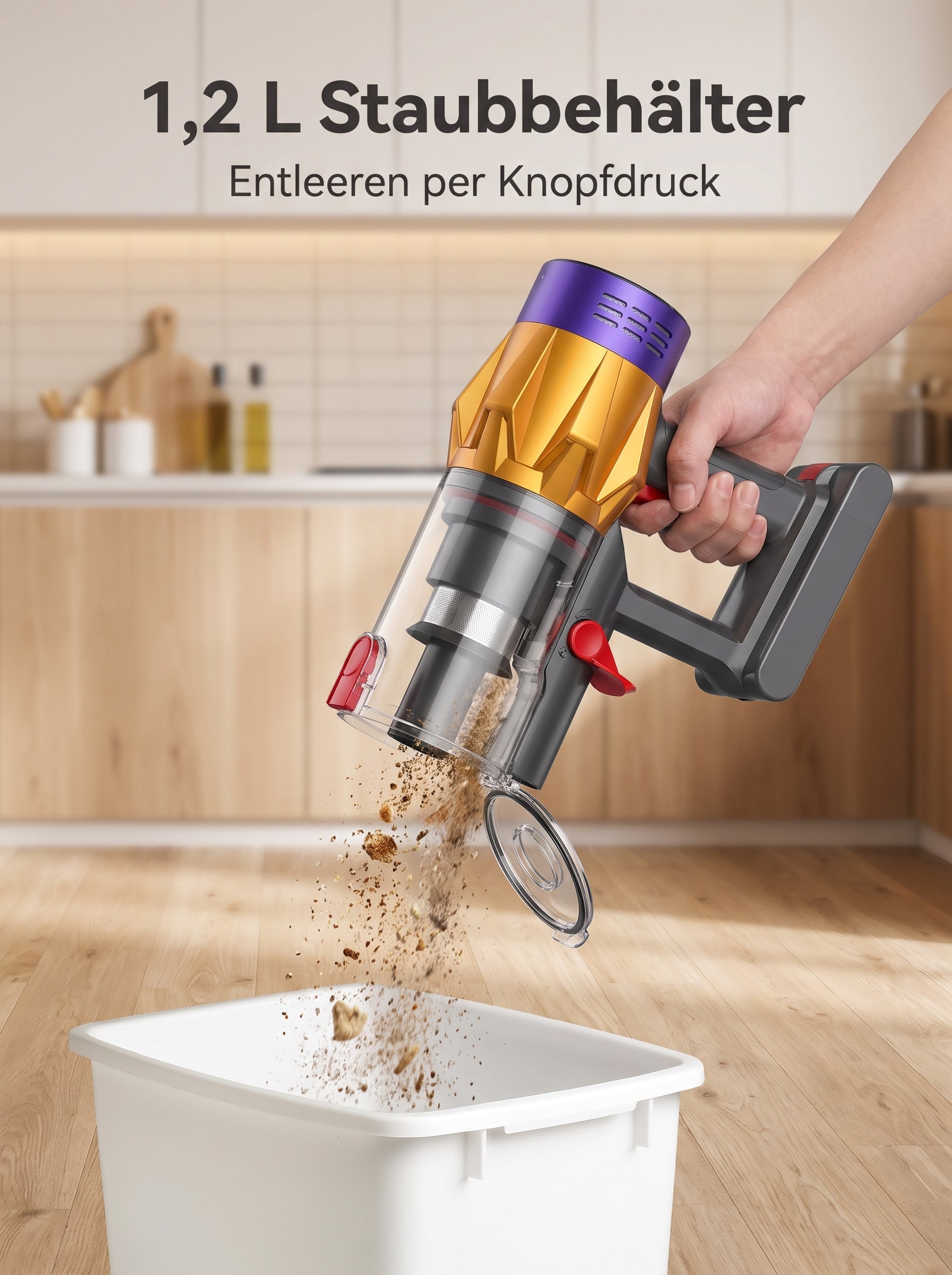 Infografik: 1,2-Liter-Staubbehälter des PowerDust V18 mit Entleerung per Knopfdruck