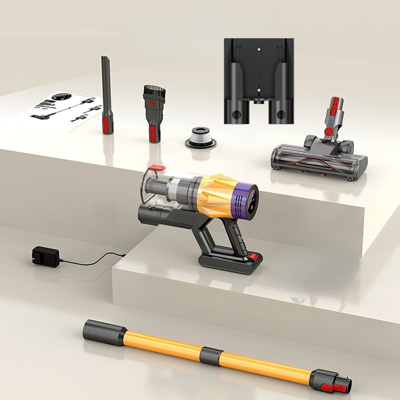 Lieferumfang des PowerDust V18 mit Motoreinheit, Akku, Teleskoprohr, Bodendüse, Fugendüse, Bürstenaufsatz, Wandhalterung und Netzteil